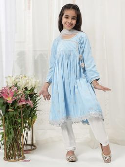 Little Bansi - Girls Cotton Butterfly Zari Angrakha With Pyjama & Dupatta - Blue