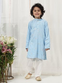 Little Bansi - Boys Butterfly Zari Thread Work Cotton Kurta & Pyjama Blue