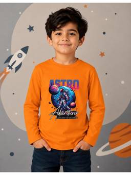 Nusyl - Boy Orange Astronaut Adventure Text Printed Full Sleeves T-Shirt