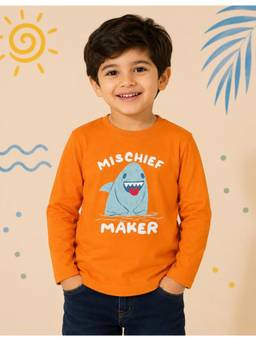 Nusyl - Boy Orange Mischief Maker Text Printed Full Sleeves T-Shirt