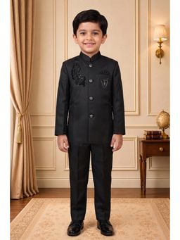 BT DEZINES - Boys Black Satin Peacock Bead Work Embroidered Blazer & Trouser