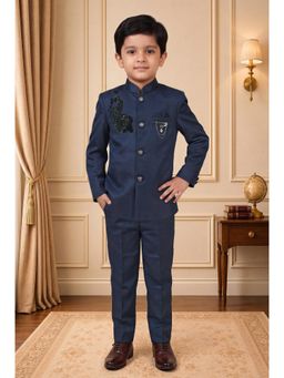 BT DEZINES - Boys Navy Blue Satin Peacock Bead Work Embroidered Blazer & Trouser