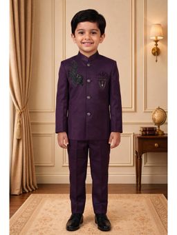 BT DEZINES - Boys Wine Satin Peacock Bead Work Embroidered Blazer & Trouser