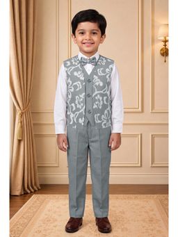 BT DEZINES - Boys Light Grey Cotton Blend Shirt With Trouser, Jacket & Bowtie