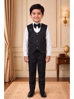 BT DEZINES - Boys Black Satin Floral Shirt With Trouser, Jacket & Bowtie