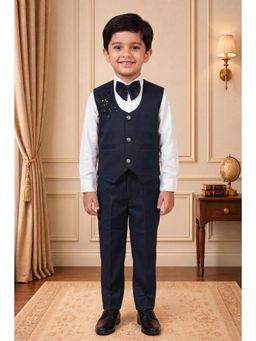 BT DEZINES - Boys Navy Blue Satin Floral Shirt With Trouser, Jacket & Bowtie