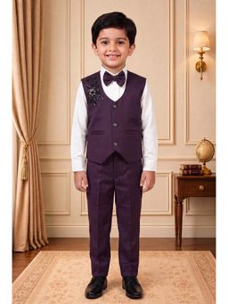 BT DEZINES - Boys Wine Satin With Bead Work Shirt With Trouser, Jacket & Bowtie