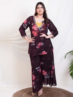 Deebaco - Wine Floral Printed Women Plus Size Co-Ord Set