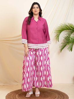 Deebaco - Pink Shirt With Printed Palazzo Plus Size Women's Co-Ord Set