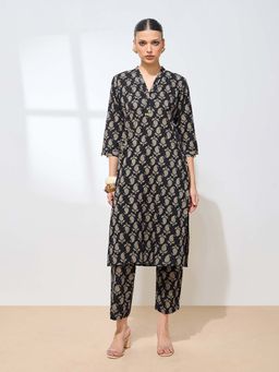 Shaily - Black Pure Cotton Printed Straight Kurta with Pant