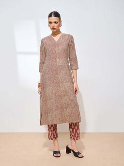 Shaily - Brown Pure Cotton Printed Geometric Straight Kurta with Pant