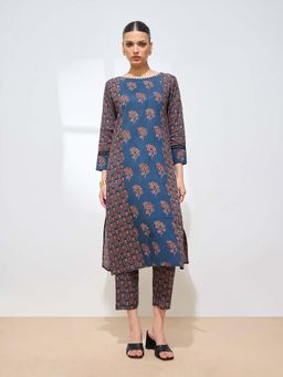 Shaily - Blue Cotton Floral Straight Kurta with Pant