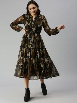 SHOWOFF - Women Camouflage Brown Fit and Flare Dress