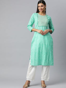 Hatheli - Women Sea Green Leheriya Embroidered Kurta