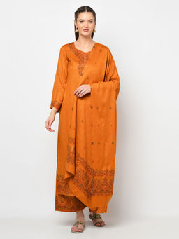 Safaa - Women Winter Acro Wool Woven Suit With Stole Unstitched Dress Material-Yellow