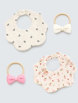 Little Surprise Box - Cream Printed 2 Bibs- 2 Hand Bands (Pack of 2)-6-12 Months