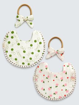 Little Surprise Box - Off White Printed 2 Bibs- 2 Hand Bands (Pack of 2)-6-12 Months