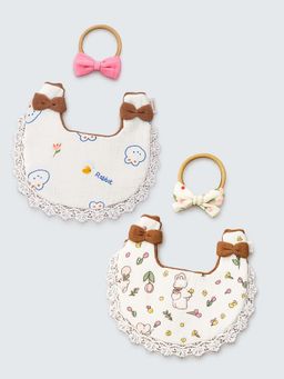 Little Surprise Box - Cream Printed 2 Bibs- 2 Hand Bands (Pack of 2)-6-12 Months