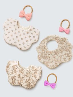 Little Surprise Box - Cream Printed 3 Bibs- 3 Hand Bands (Pack of 3)-6-12 Months