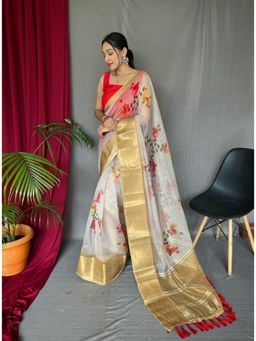 EXCLUSIVA - Off White Organza Pichwai Print Saree with Unstitched