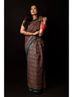 Unnati Silks - Blue Pure Ajrakh Mulmul Cotton Saree with Unstitched Blouse