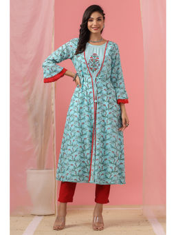 Juniper - Sky Blue Floral Printed Cotton Lacy Jacket Style Dress with Thread Work & Dori At Waist