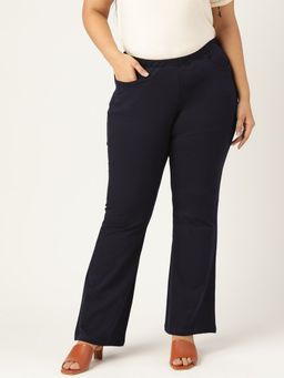 theRebelinme - Plus Size Womens Navy Blue Solid Color Elastic Waist Cotton Knitted Trouser