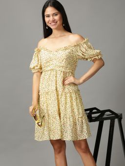 SHOWOFF - Womens Fit And Flare Yellow Floral Dress
