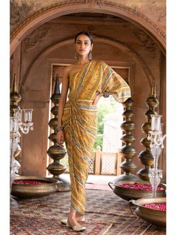 Chhavvi Aggarwal - Yellow Printed One Shoulder Draped Dress