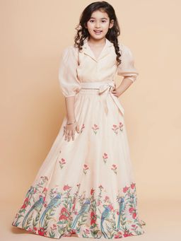 BITIYA BY BHAMA - Girls Ethnic Silk Blend Half Sleeves Floral Flared Lehenga and Blouse Set - Beige