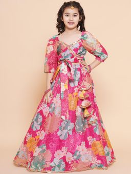 BITIYA BY BHAMA - Girls Ethnic Silk Blend Printed Flared Lehenga and Blouse Set - Pink
