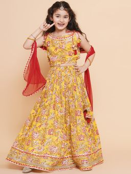BITIYA BY BHAMA - Girls Ethnic Cotton Blend Printed Flared Lehenga and Blouse with Dupatta - Yellow
