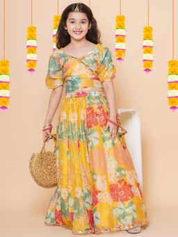 BITIYA BY BHAMA - Girls Ethnic Silk Blend Printed Flared Lehenga and Blouse Set - Yellow