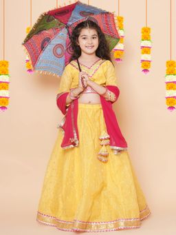 BITIYA BY BHAMA - Girls Ethnic Silk Blend Woven Flared Lehenga and Blouse with Dupatta Set - Yellow
