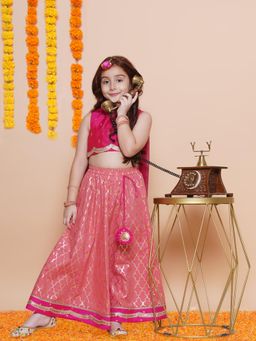 BITIYA BY BHAMA - Girls Ethnic Silk Blend Embroidered Flared Lehenga and Blouse with Dupatta - Peach
