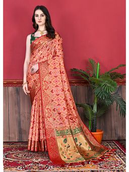 Yavira Silk - Red Soft Raw Silk Handloom Patola Print Saree with Unstitched Blouse