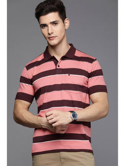 Louis Philippe - Men Pink Stripe Collar Neck Polo T-Shirt