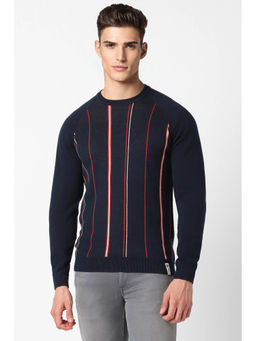 Peter England - Men Navy Stripe Crew Neck Sweater