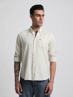The Bear House - Men Cream Checked Slim Fit Cotton Casual Shirt