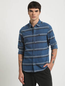 The Bear House - Men Blue Striped Slim Fit Cotton Casual Shirt
