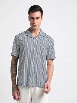 The Bear House - Men Blue Striped Regular Fit Viscose Casual Shirt