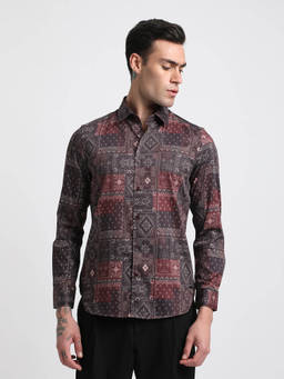 The Bear House - Men Maroon Printed Slim Fit Cotton Casual Shirt