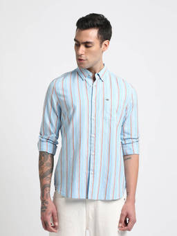 The Bear House - Men Blue Striped Slim Fit Cotton Casual Shirt