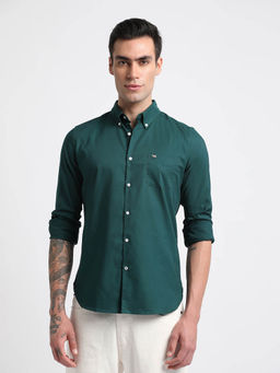 The Bear House - Men Green Solid Slim Fit Cotton Lycra Casual Shirt