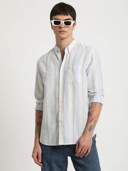 The Bear House - Men Blue Striped Slim Fit Cotton Linen Casual Shirt