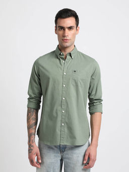 The Bear House - Men Green Solid Slim Fit Cotton Casual Shirt