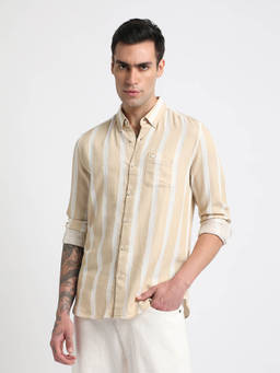 The Bear House - Men Beige Striped Slim Fit Cotton Casual Shirt