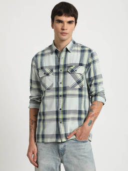 The Bear House - Men Green Checked Slim Fit Cotton Casual Shirt