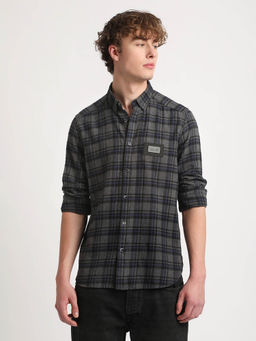 The Bear House - Men Grey Checked Slim Fit Flannel Cotton Casual Shirt