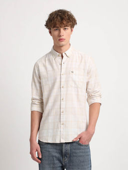 The Bear House - Men Beige Checked Slim Fit Cotton Linen Casual Shirt